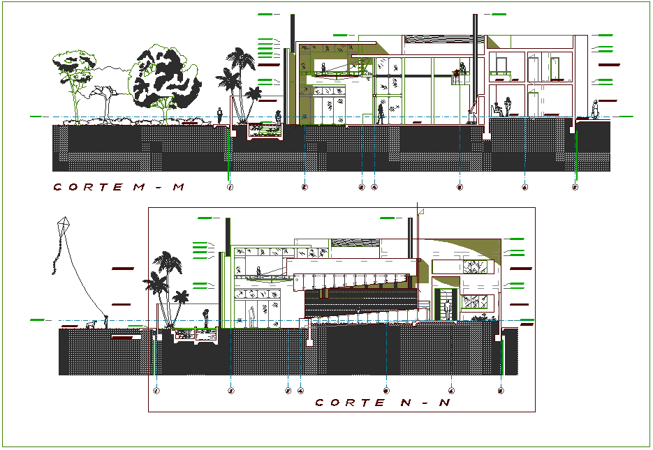 Section axis M-M and N-N of house with architectural view dwg file