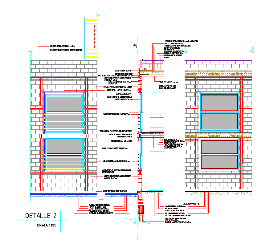 Section by a facade with walls in concrete blocks detail 2d view layout file