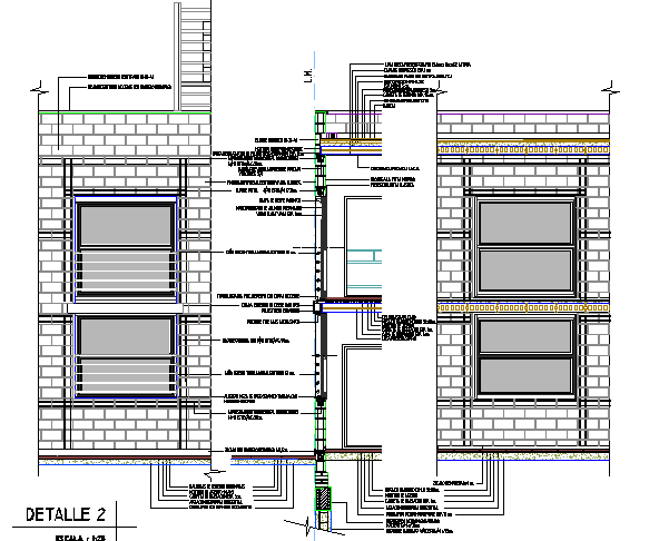Section by facade with walls in concrete blocks dwg file