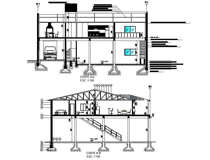 Section commercial and detached house plan layout file