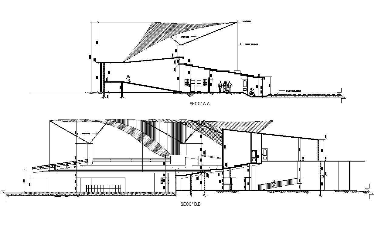 Section detail of stadium building detail 2d view layout dwg file