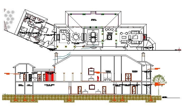 Section details with structural layout plan details of bungalow dwg file