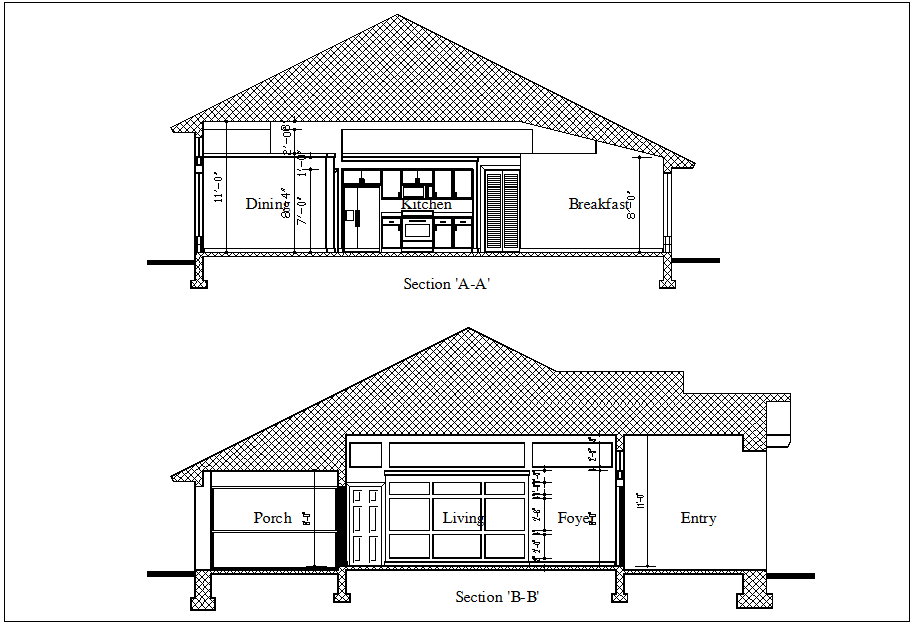 Section elevation view of house detail dwg file
