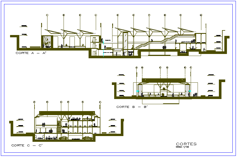 Section of different axis view for market building dwg file