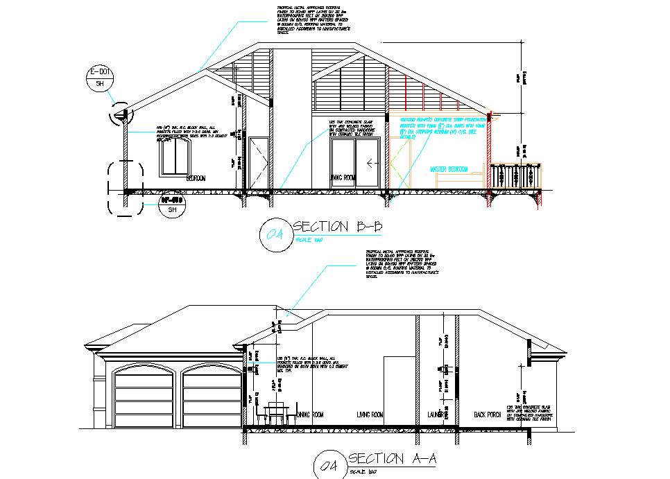 Section residential dwelling 3 bedroom autocad file