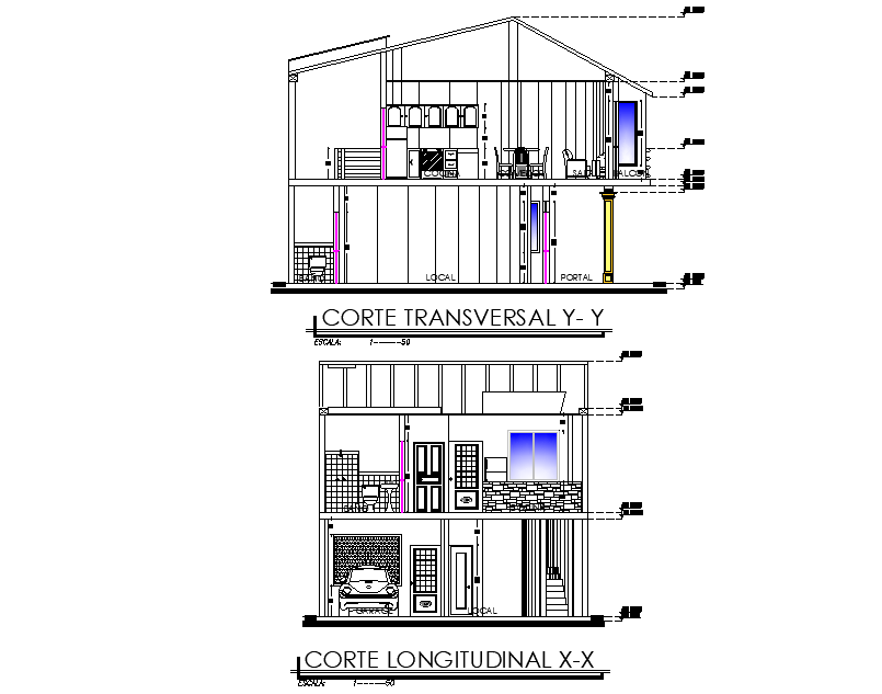 Section single family house plan detail dwg file