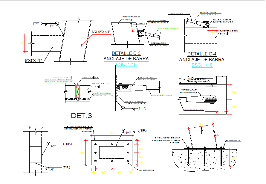 Section view detail, anchor of steel structure in detail dwg file