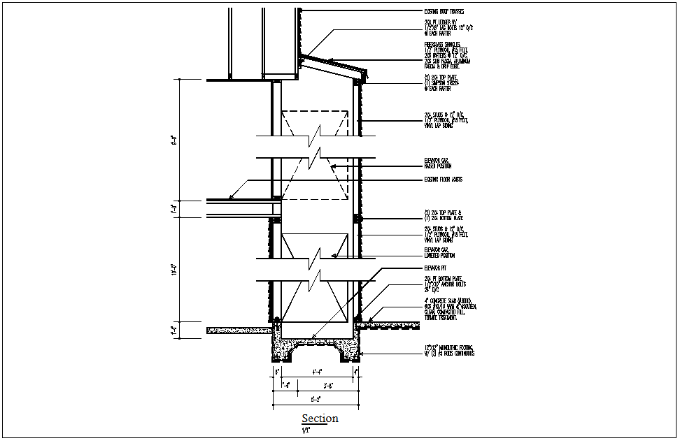 Section view detail of wall, column, floor slab, beam detail dwg file
