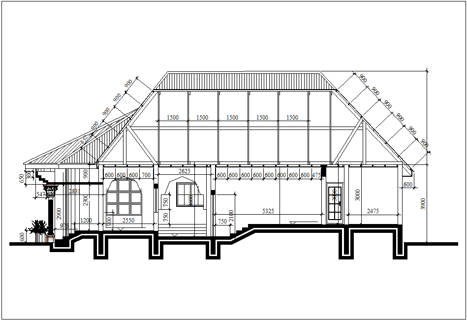 Section view for house of three bedroom building dwg file