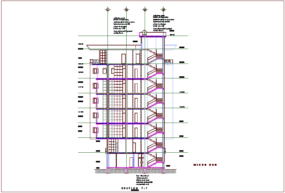 Section view for mixed use high rise building dwg file