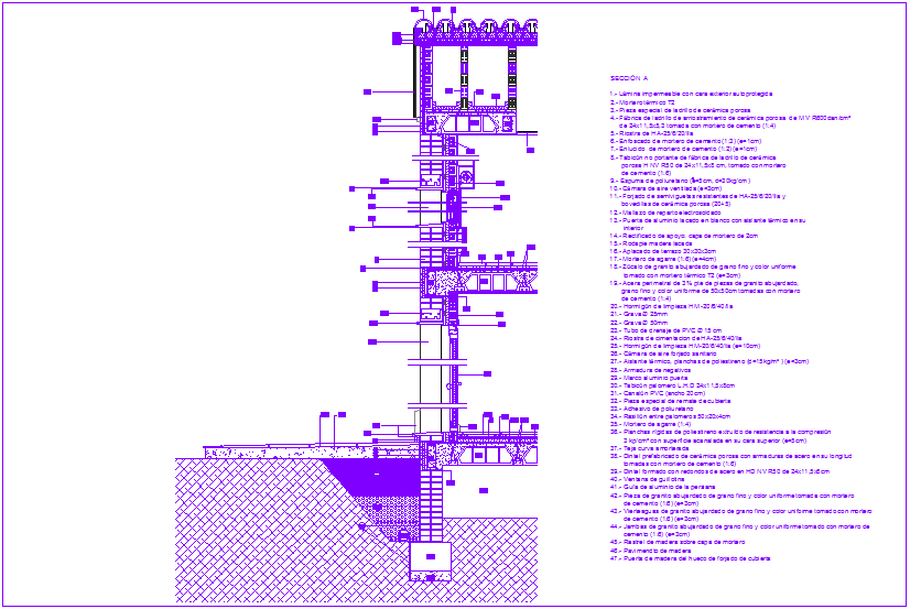 Section view of construction detail view of living area dwg file