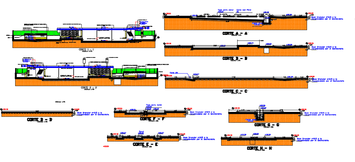 Section view of drinking water treatment plant dwg file
