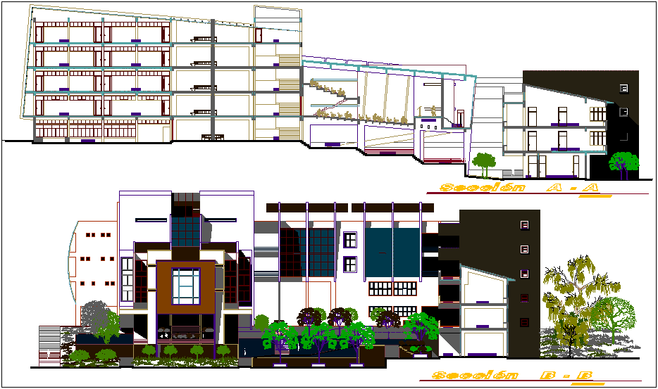Section view of education building dwg file