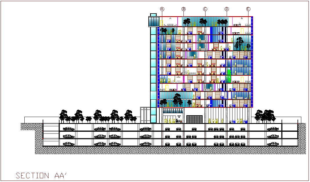Section view with axis AA' of bank head quarter design dwg file