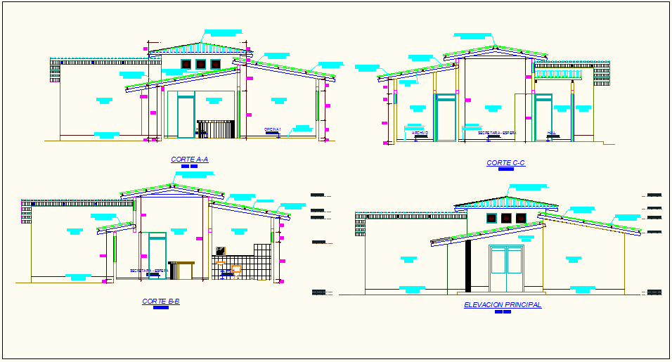 Section view with different axis and elevation of office dwg file