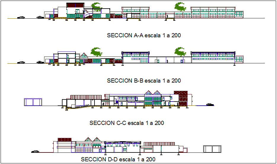 Section view with different axis of education building dwg file