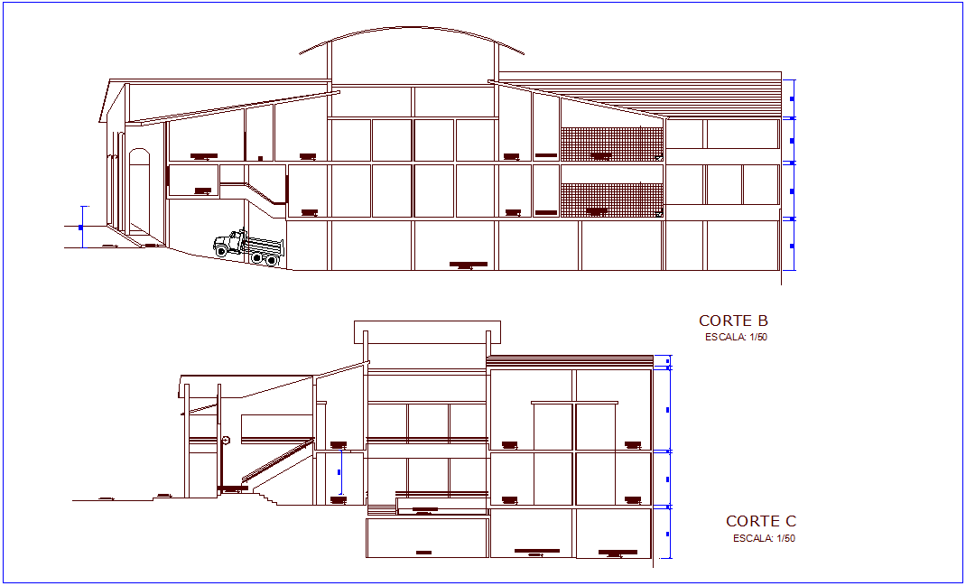 Section view with different axis of shopping area dwg file