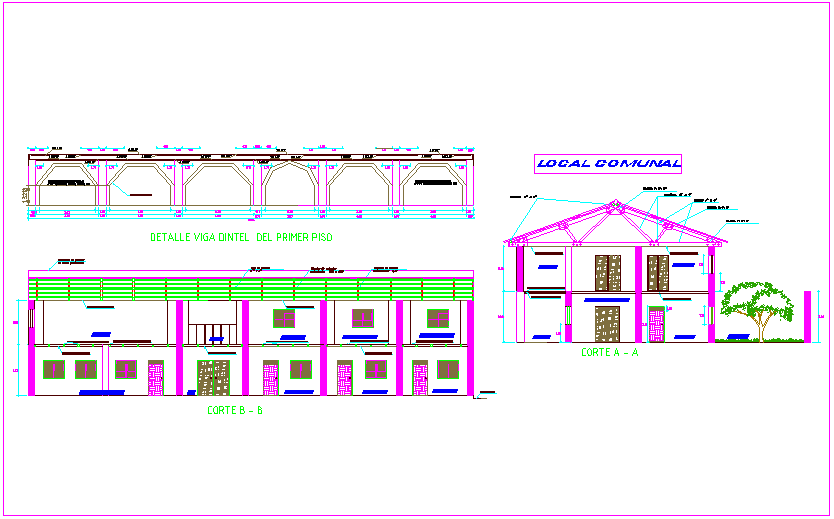 Section view with first floor beam detail view for local communal dwg file