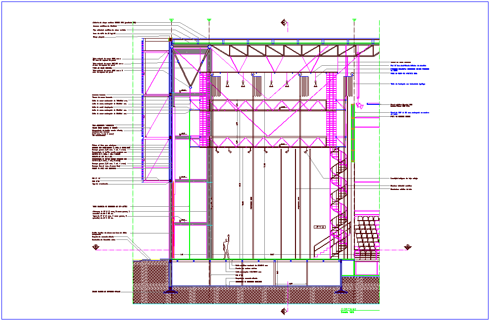 Section view with interior detail of stage dwg file