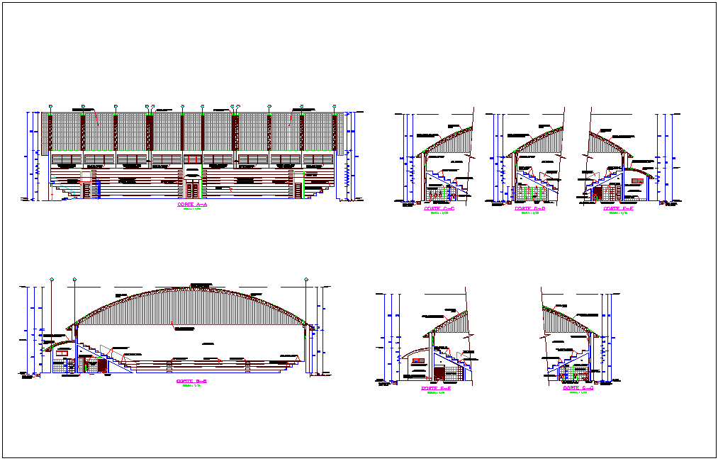 Section with different axis view for Coliseum building dwg file