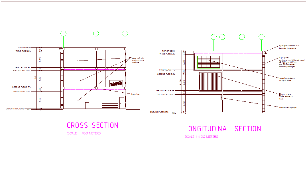 Section with different axis view for admin building dwg file