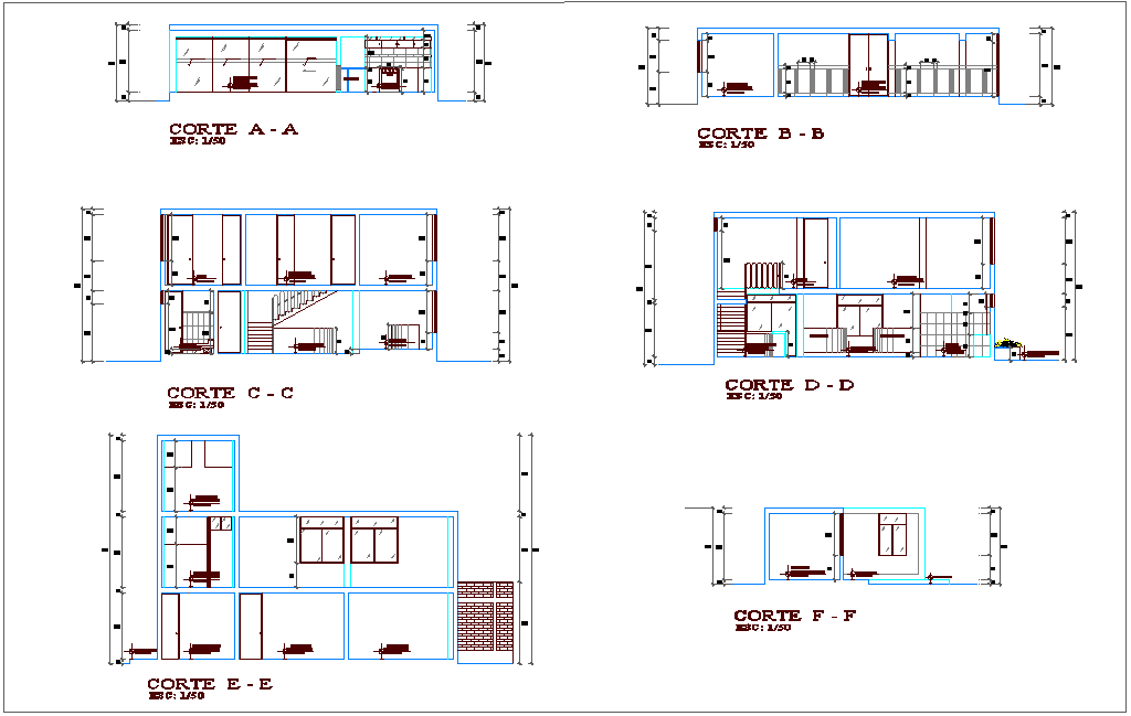 Section with different axis view for administration building dwg file