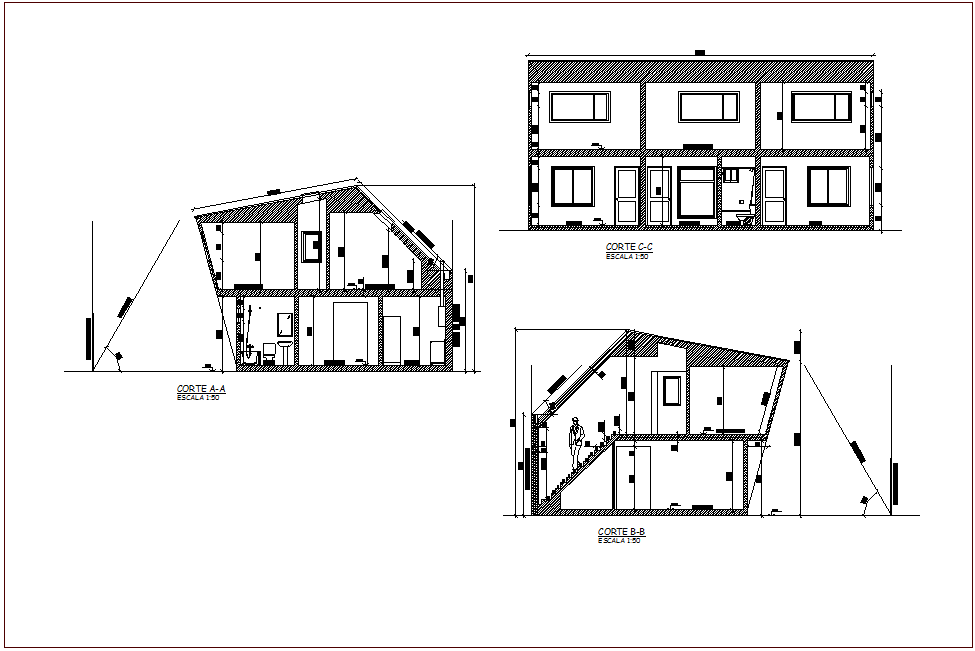 Section with different axis view for apartment building dwg file