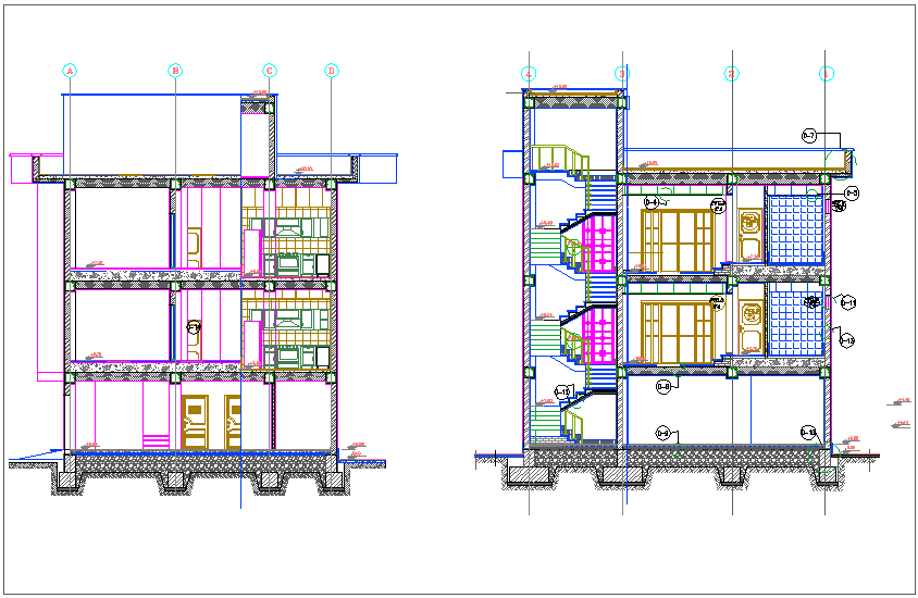 Section with different axis view for apartment building dwg file