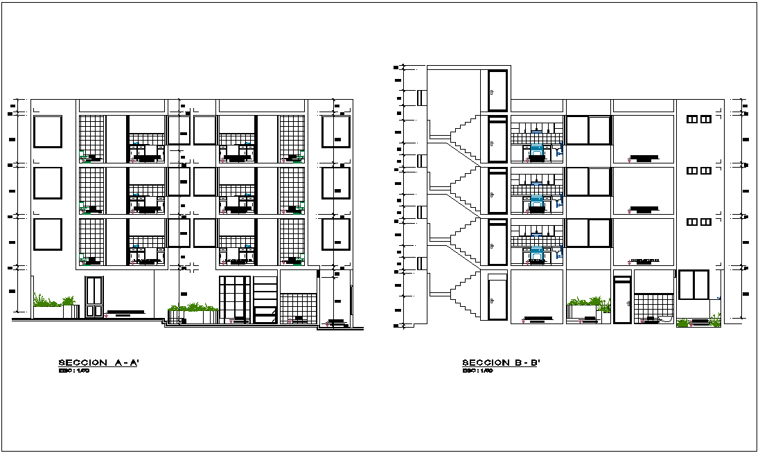 Section with different axis view for apartment building dwg file