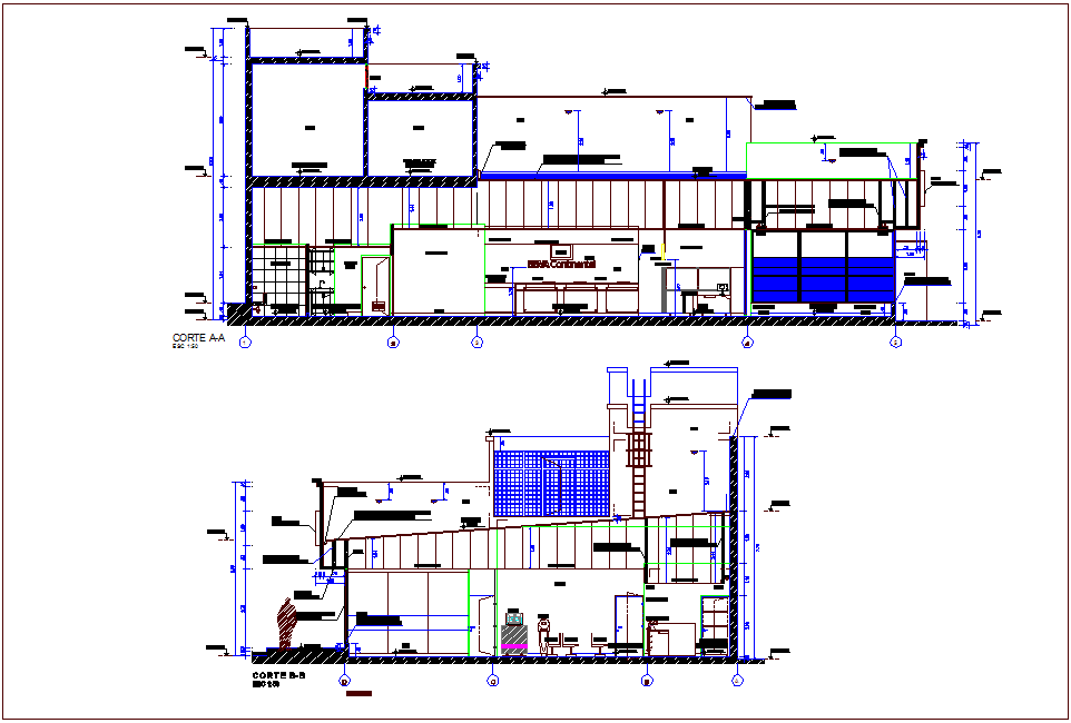 Section with different axis view for banking building dwg file