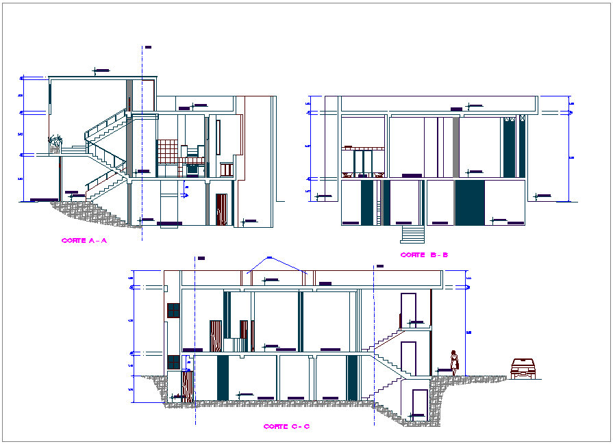 Section with different axis view for commercial building dwg file