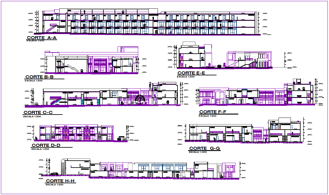 Section with different axis view for commercial building dwg file