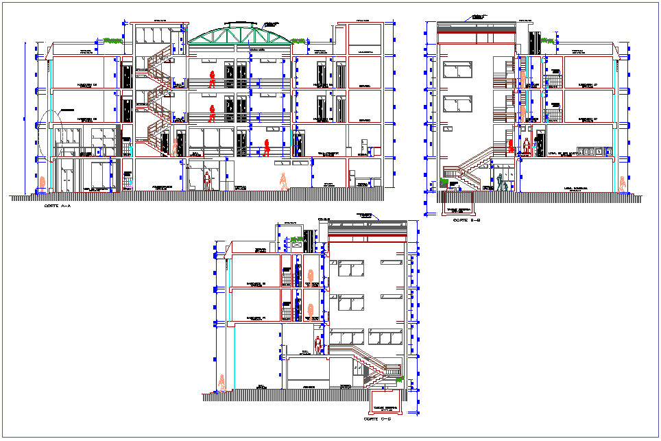 Section with different axis view for commercial building dwg file