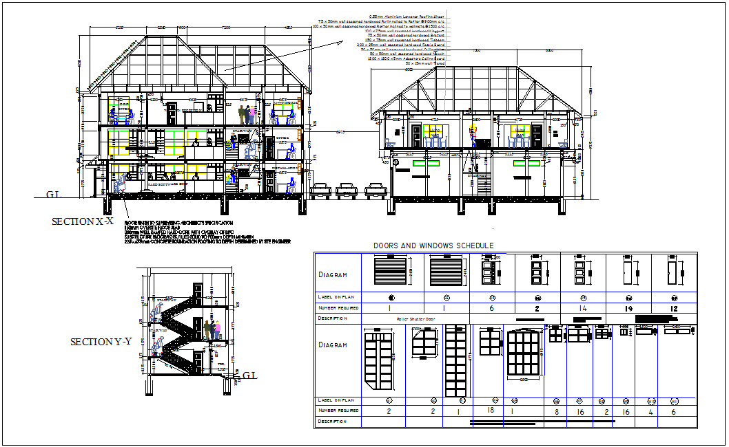 Section with different axis view for computer business center building dwg file