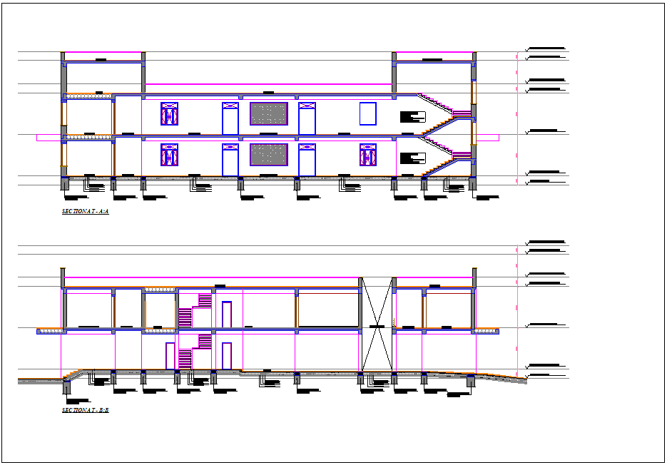 Section with different axis view for court building dwg file