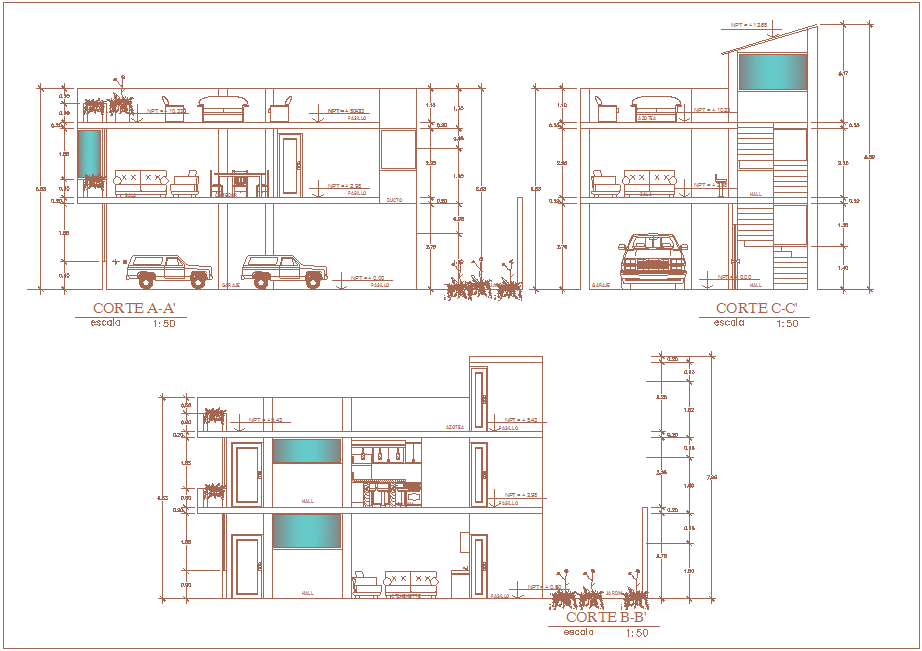 Section with different axis view for family housing building dwg file