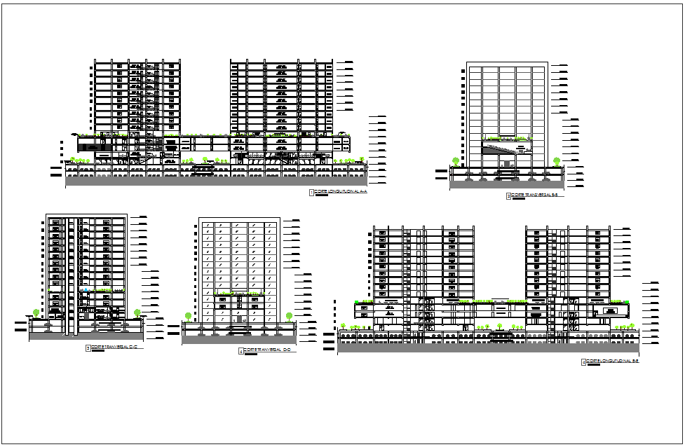 Section with different axis view for finance building dwg file