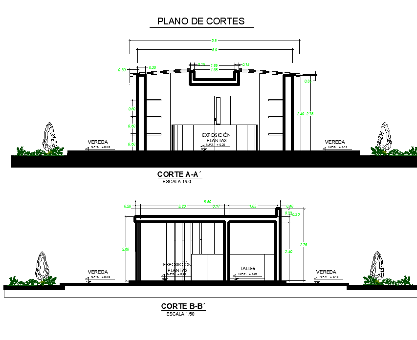 Section with different axis view for florist stand dwg file
