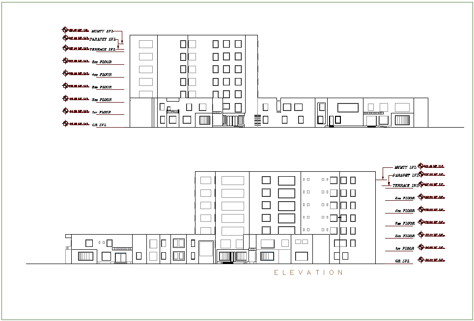 Section with different axis view for hospital building dwg file