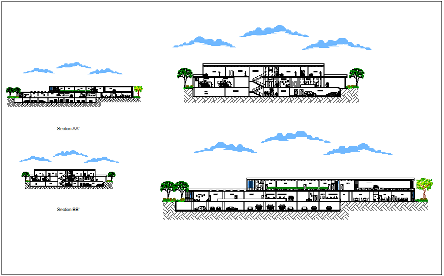 Section with different axis view for hospital building for dwg file