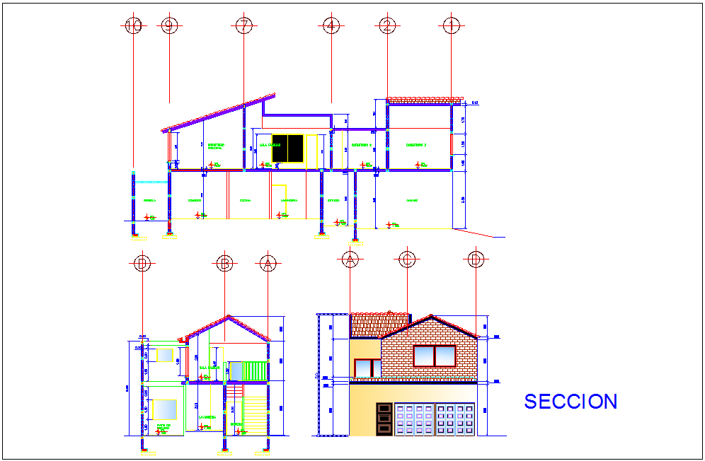 Section with different axis view for house building dwg file