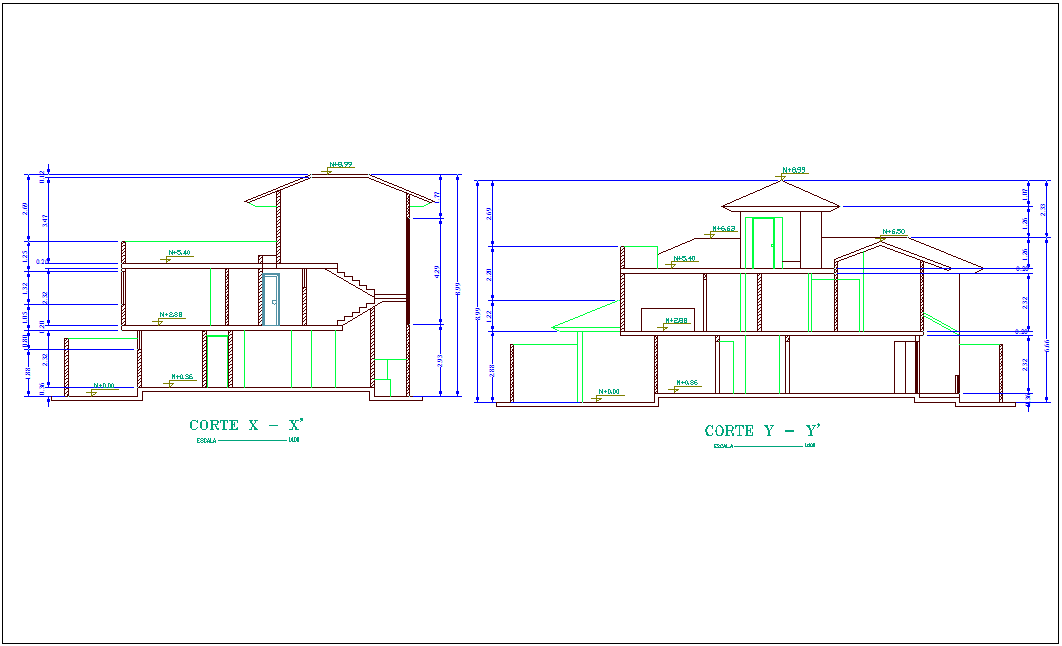 Section with different axis view for house building dwg file