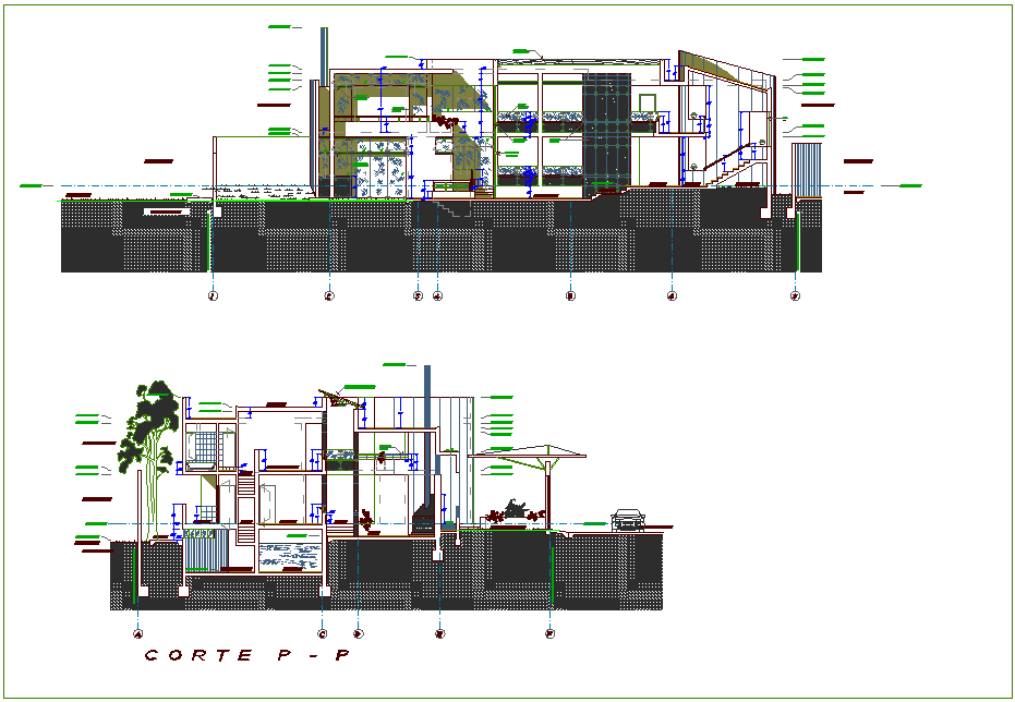 Section with different axis view for house building dwg file