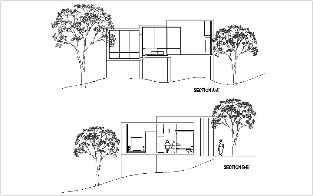 Section with different axis view for house building dwg file