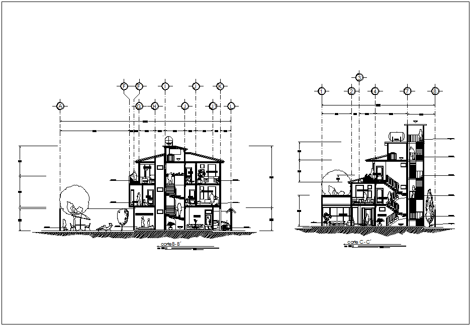 Section with different axis view for house building dwg file