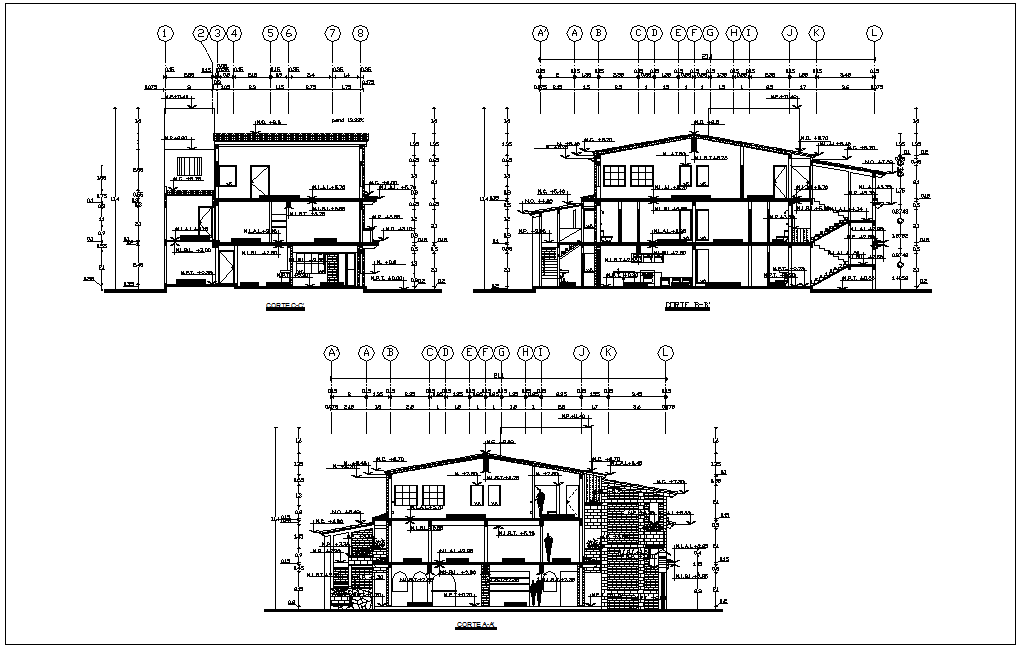 Section with different axis view for house building dwg file