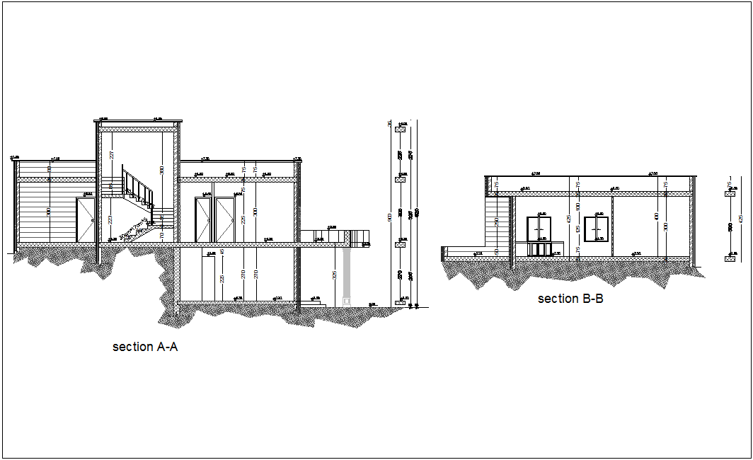 Section with different axis view for house building dwg file