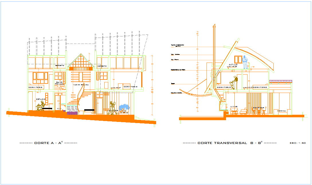 Section with different axis view for house building dwg file