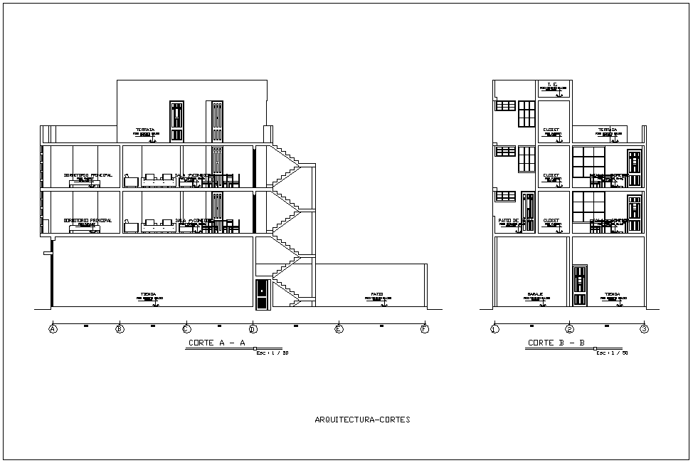 Section with different axis view for house building for fourth level dwg file