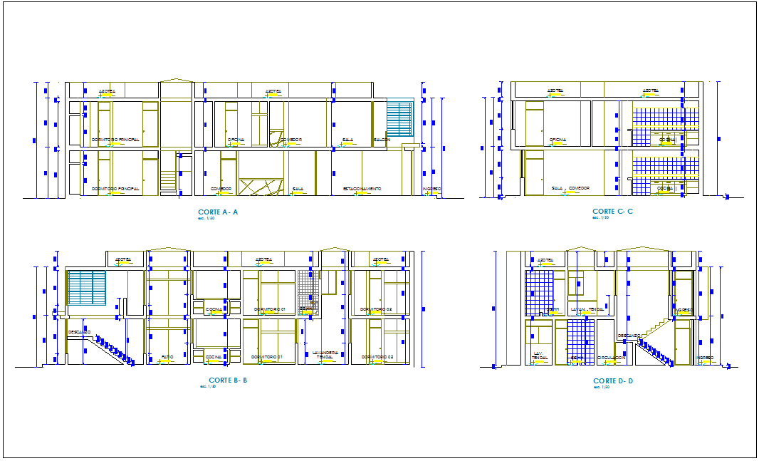 Section with different axis view for house building for two level dwg file